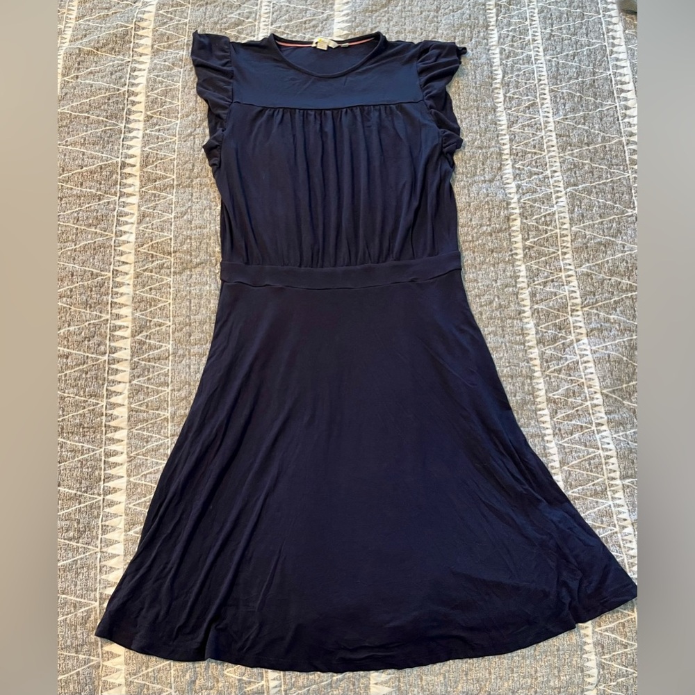 Boden Navy Ruffle Sleeve Jersey Dress Size 8L Fit & Flare Stretch ECOVERO